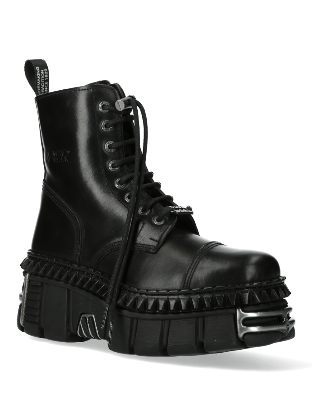 NEW ROCK Gothic black leather platform ankle boots with lace-up design and bold, edgy style.