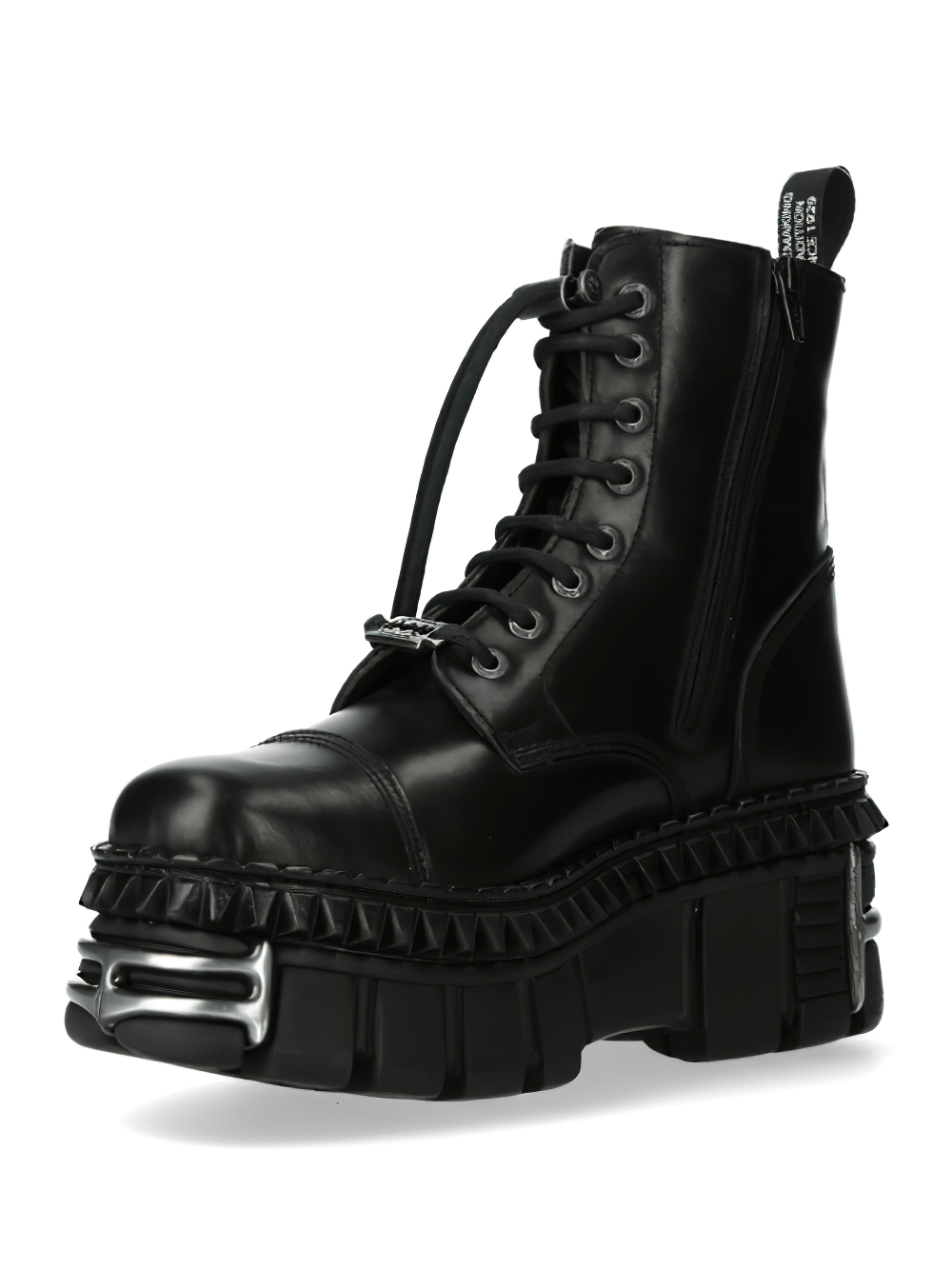 Gothic-inspired black leather platform ankle boots with lace-up design and bold rugged sole.