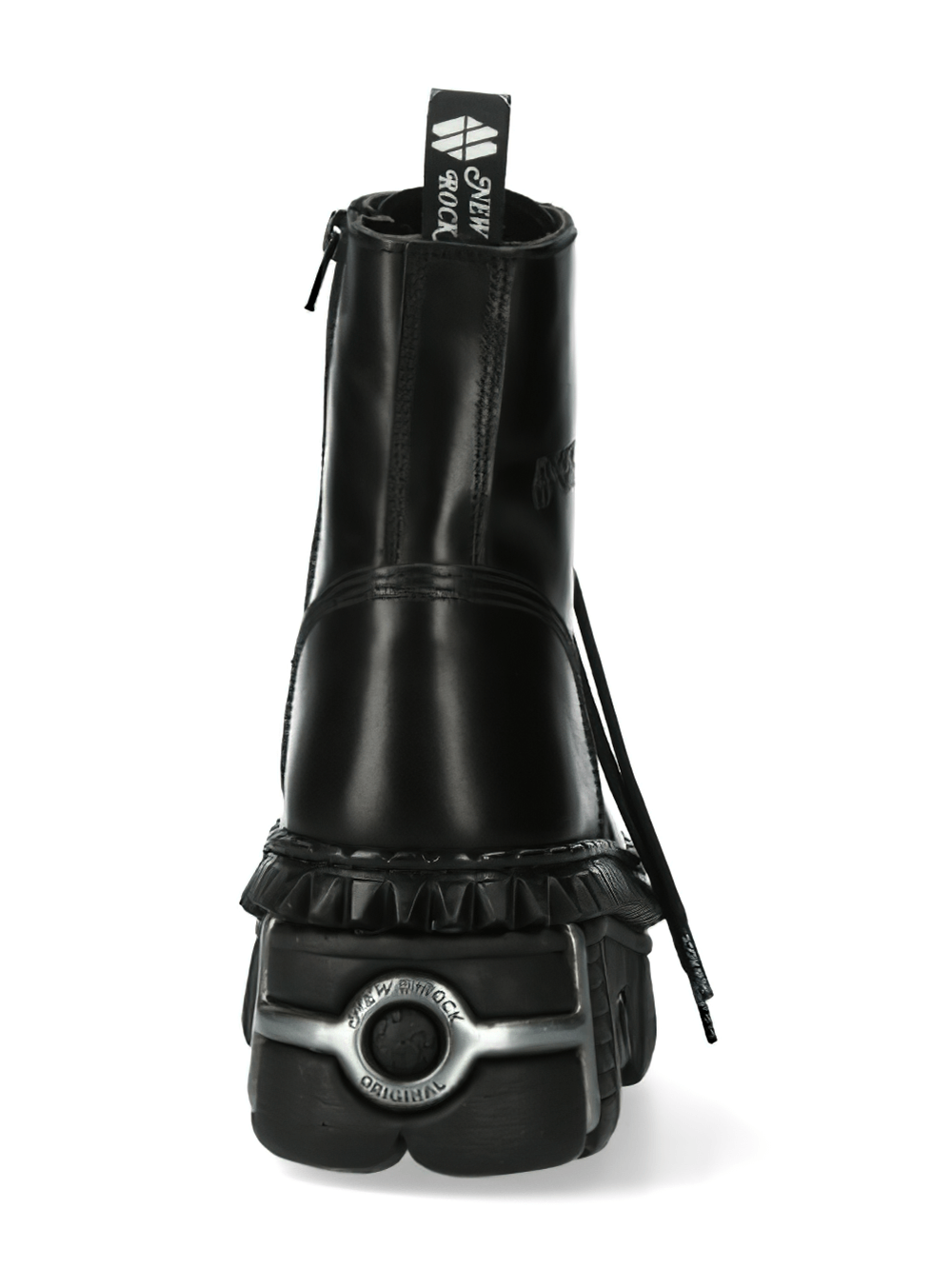 Back view of NEW ROCK Gothic black leather lace-up platform ankle boots with a bold, rugged design.