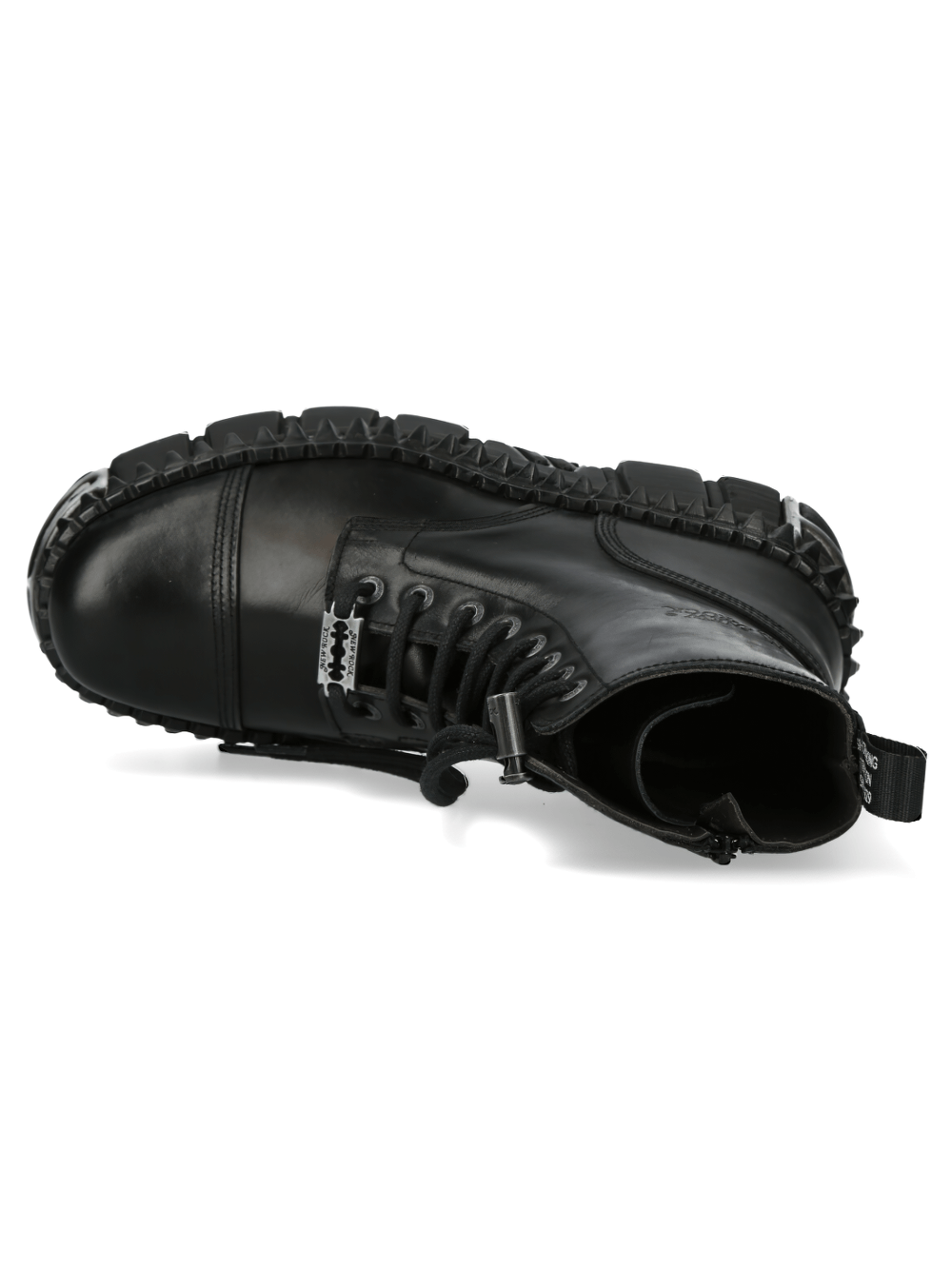 Top view of NEW ROCK black leather platform ankle boots featuring lace-up design and rugged sole.