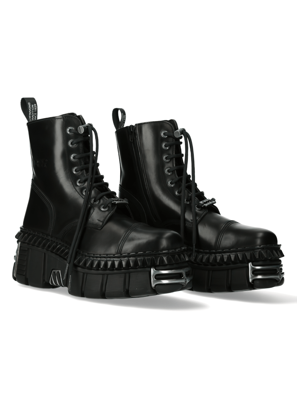 NEW ROCK unisex black leather lace-up platform ankle boots with edgy Gothic style and bold platform sole.