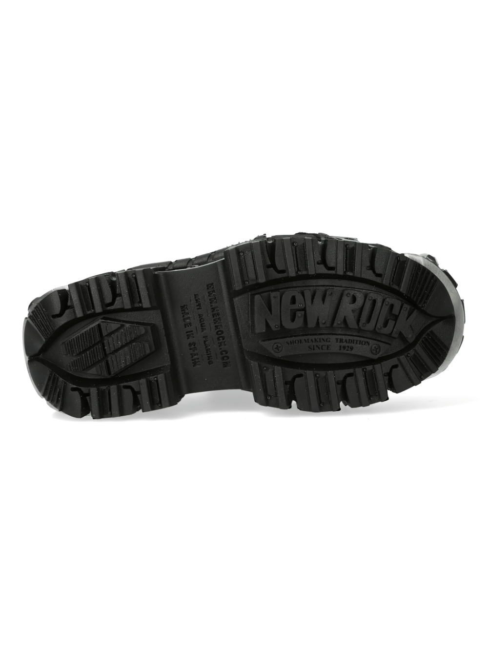 Bottom view of NEW ROCK Gothic Platform Ankle Boots showcasing the rugged sole and iconic branding.