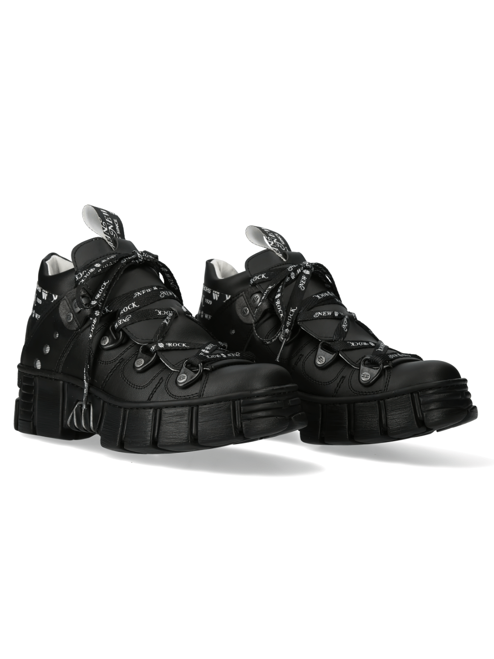 NEW ROCK Gothic Platform Ankle Boots in black with punk lace-up design and metallic details for a rock-inspired look.
