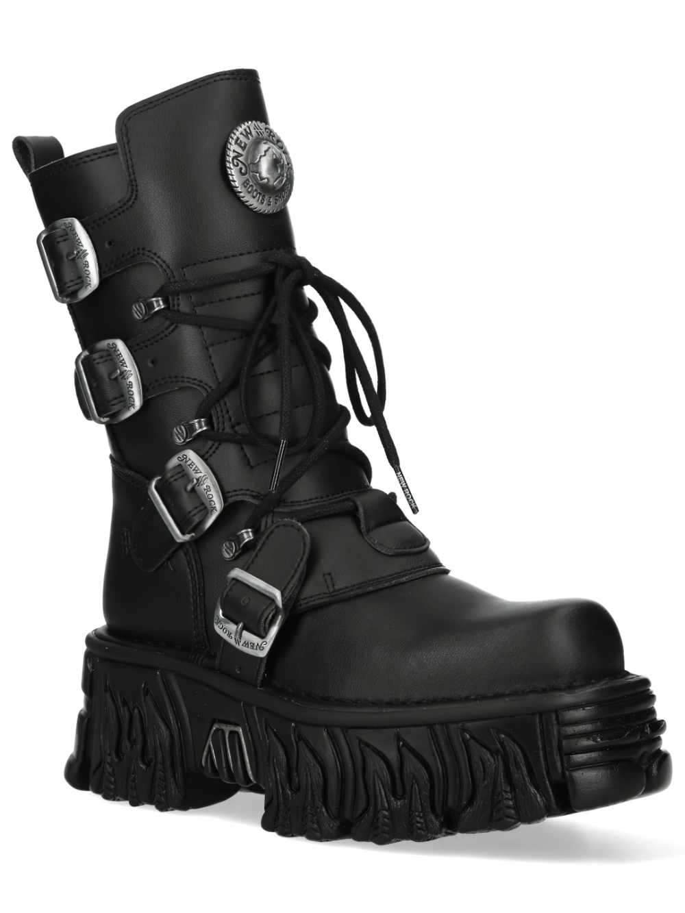 NEW ROCK black gothic platform boot with buckles and lace-up, featuring a chunky sole for edgy style.