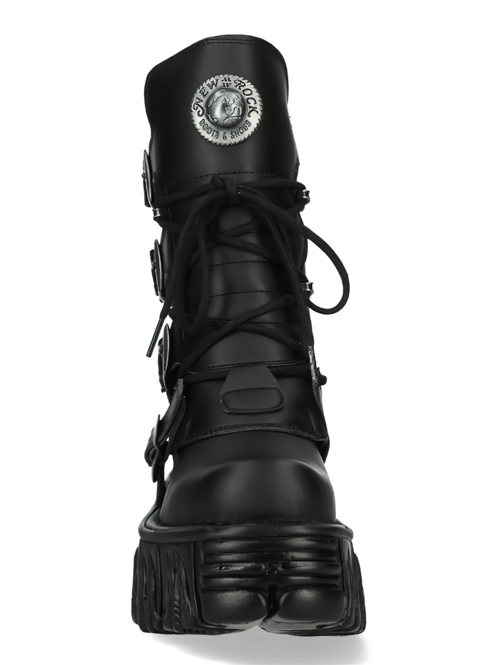 NEW ROCK Men's black gothic platform boots with buckles and lace-up detail, perfect for edgy fashion.