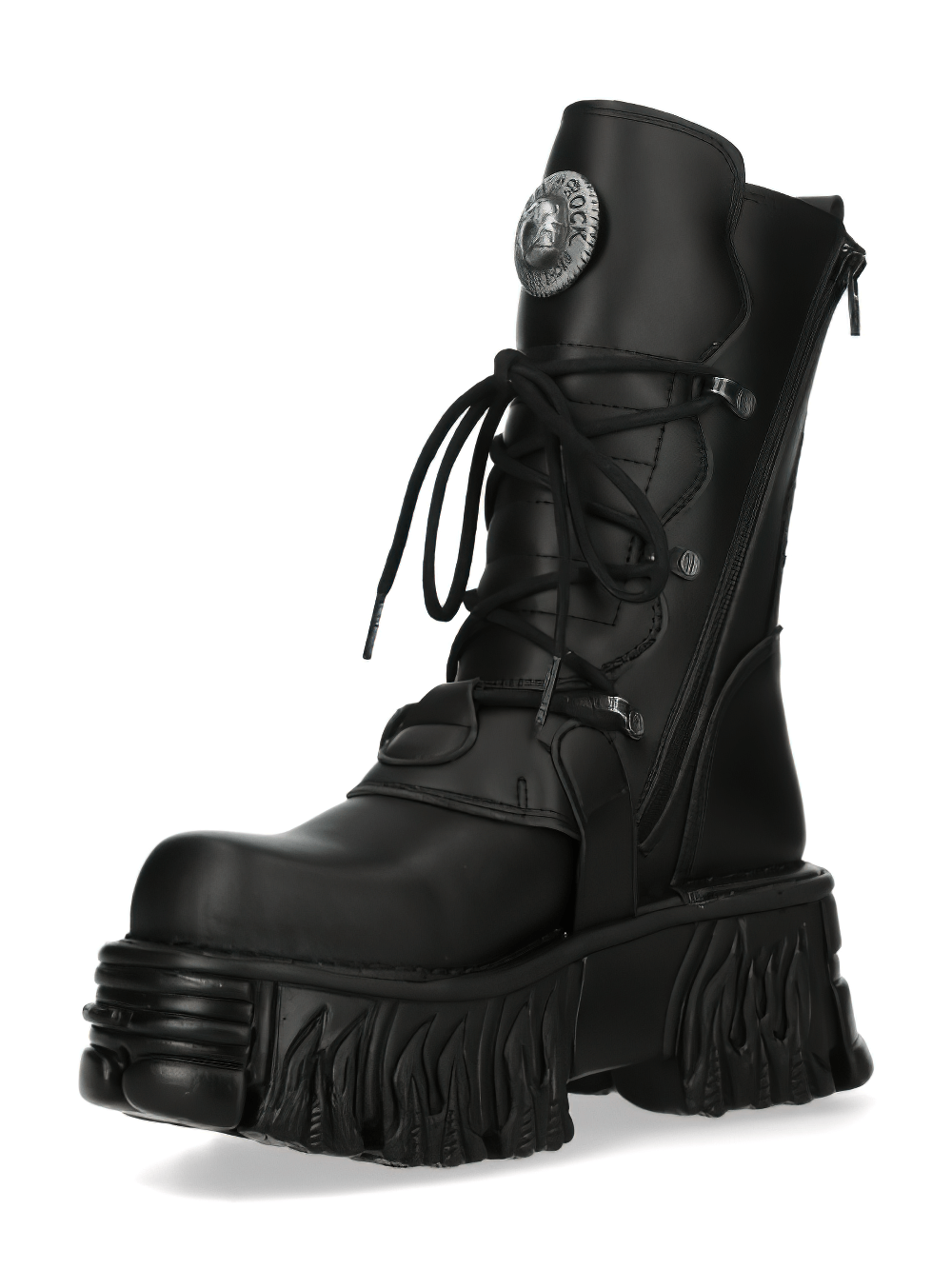 New Rock men's gothic platform boot in black with buckles, lace-up design, and chunky sole.