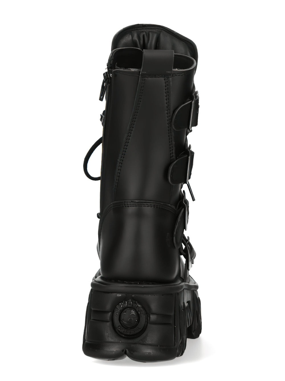 Black gothic platform boots featuring buckles and chunky sole, perfect for a stylish, edgy look.