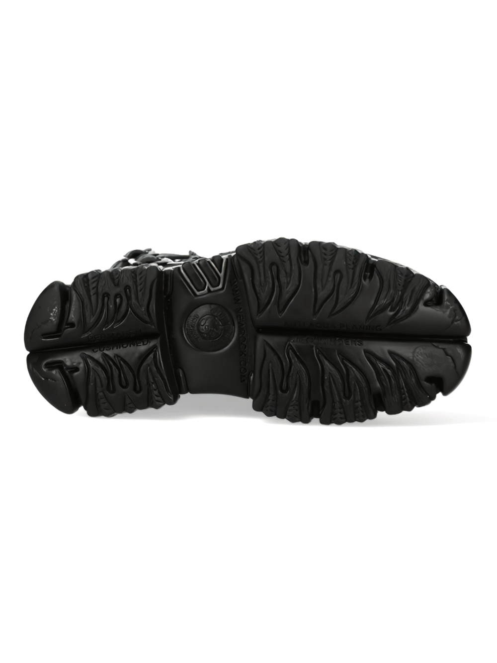 Sole view of black NEW ROCK gothic platform boots with rugged traction for style and durability.