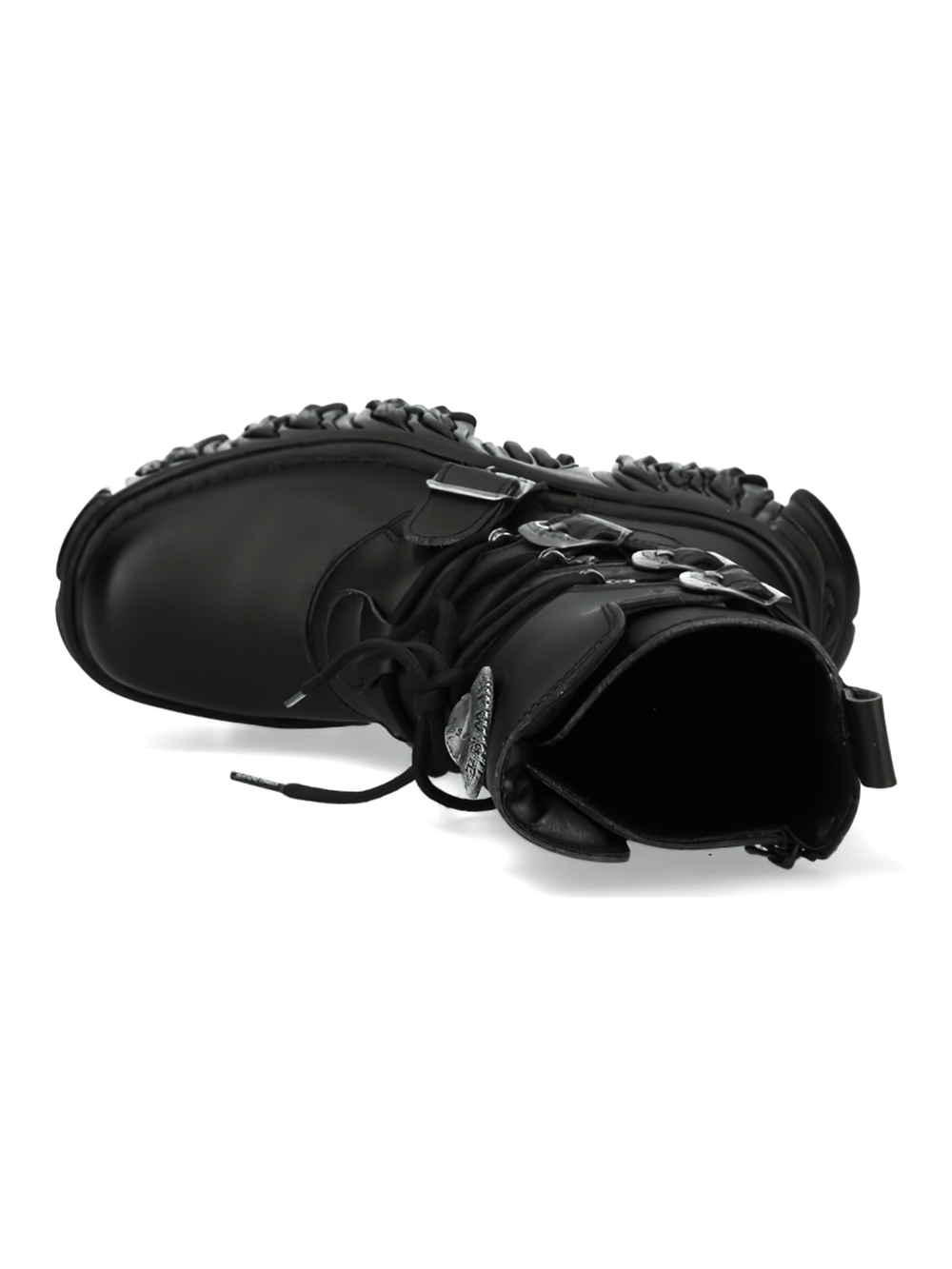 Black gothic platform boots with buckles and laces, showcasing a chunky sole for an edgy style.