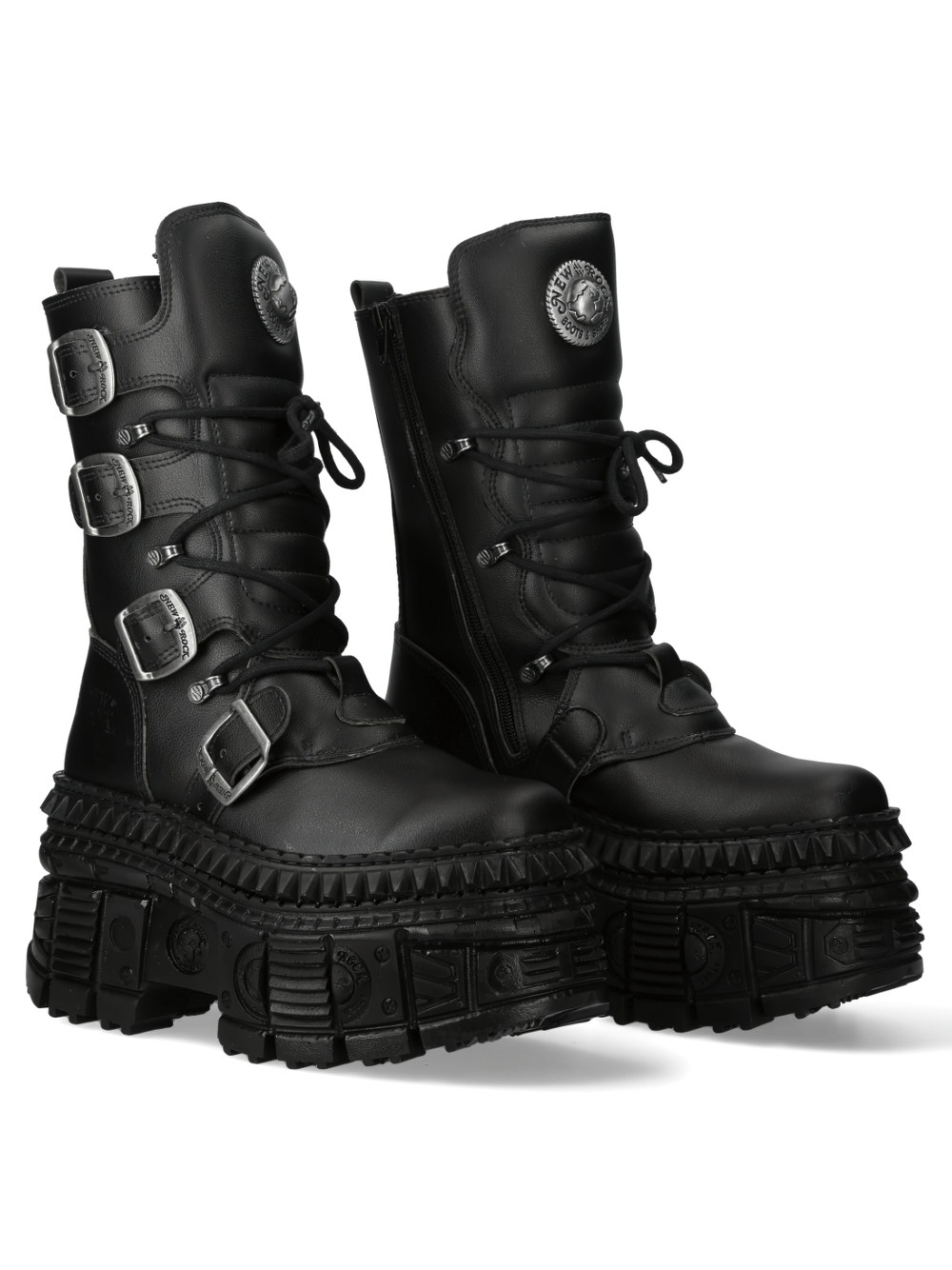 NEW ROCK Gothic platform boots with metallic buckles and laces, featuring a heavy-duty design in genuine leather.