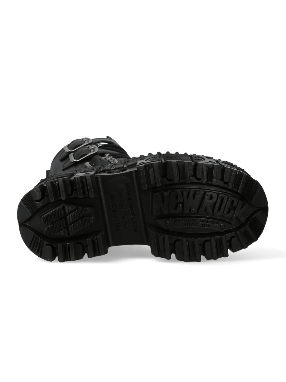 Underside view of NEW ROCK Gothic Platform Boots showcasing heavy-duty sole with metallic buckles, ideal for punk style.