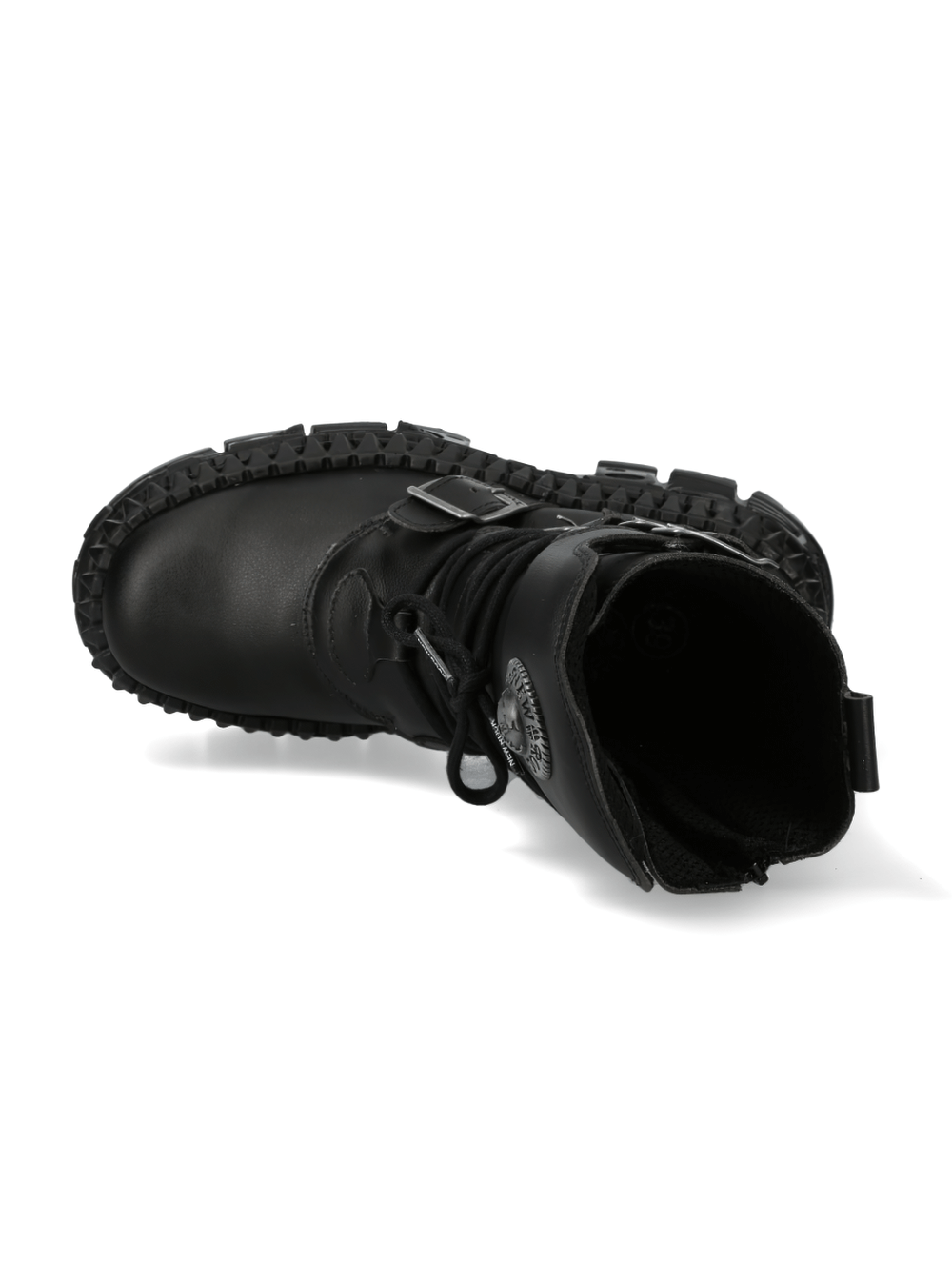 Top view of NEW ROCK Gothic Platform Boots in black leather with buckles and laces, showcasing their edgy design.