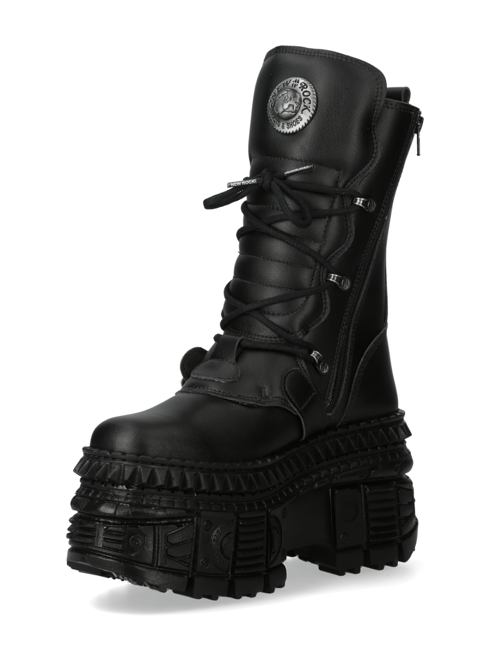 BLACK Gothic Platform Boots with Buckles and Laces from NEW ROCK, featuring heavy-duty design and metallic accents.