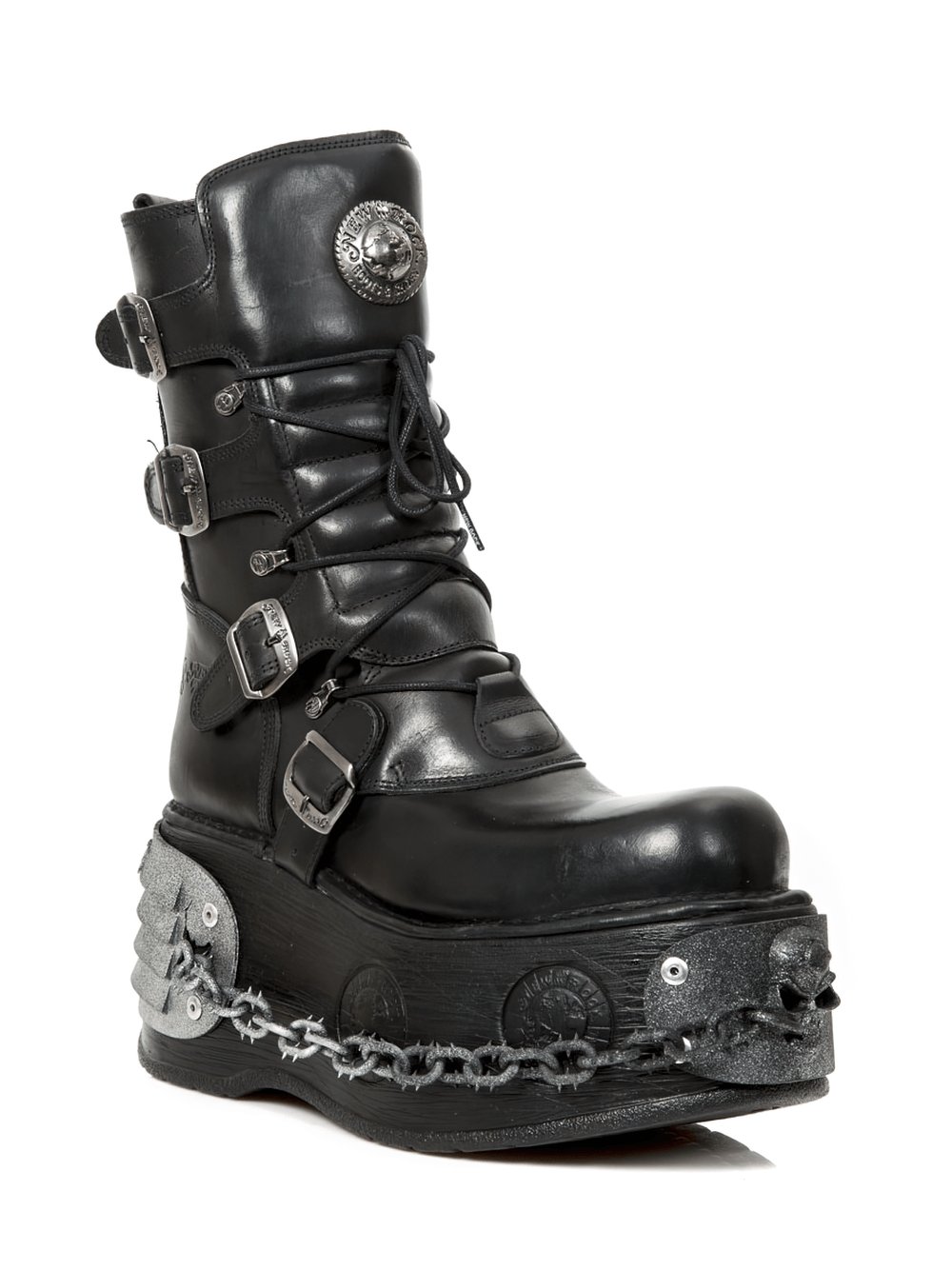 NEW ROCK Gothic platform boots with chains, buckles, and 3D printed sole for a punk rock style.