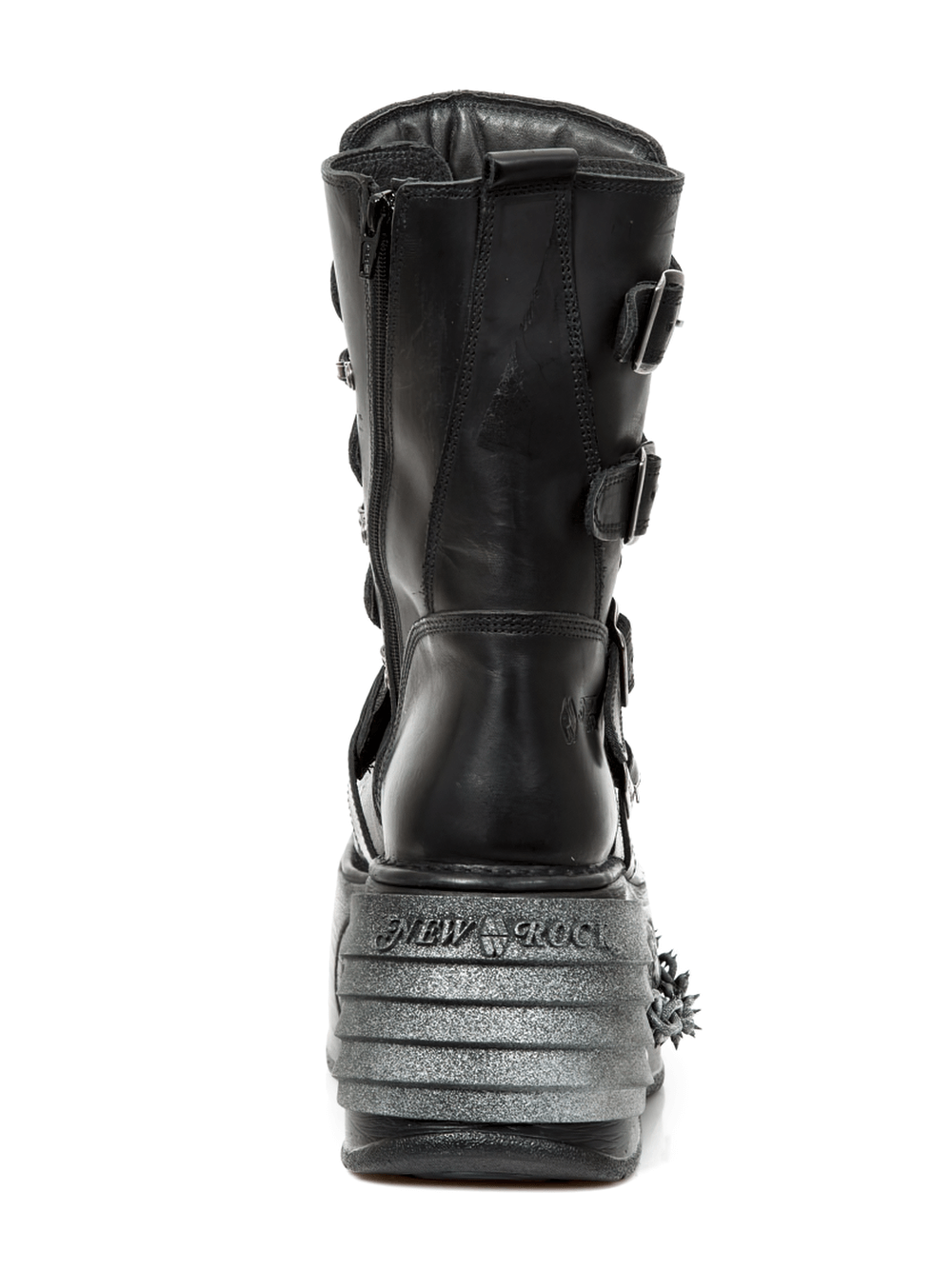 Back view of NEW ROCK Gothic platform boots with chains, buckles, and 3D printed sole for punk rock style.