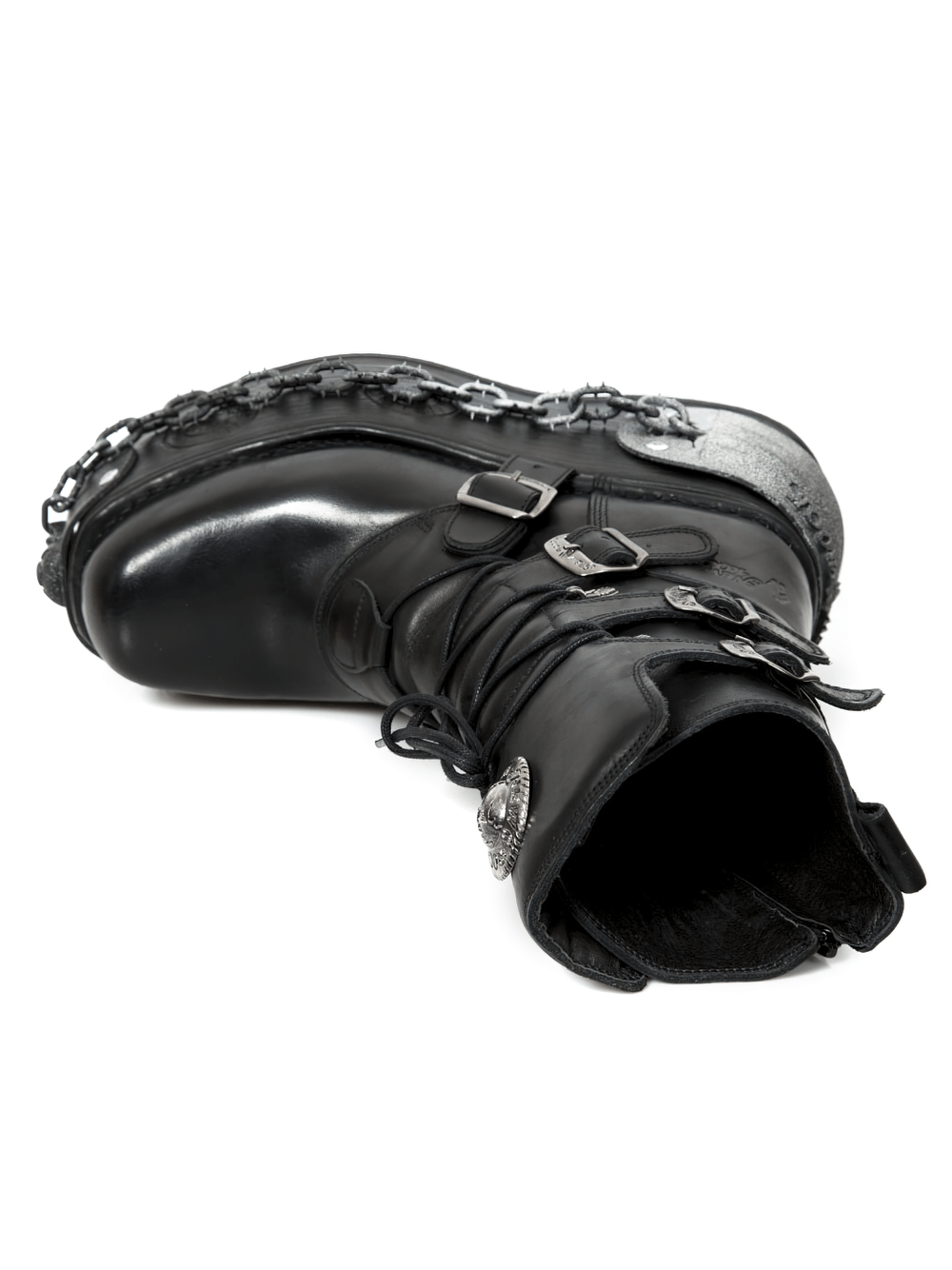 NEW ROCK Gothic platform boot with chains and buckles, showcasing punk rock style and 3D printed sole.