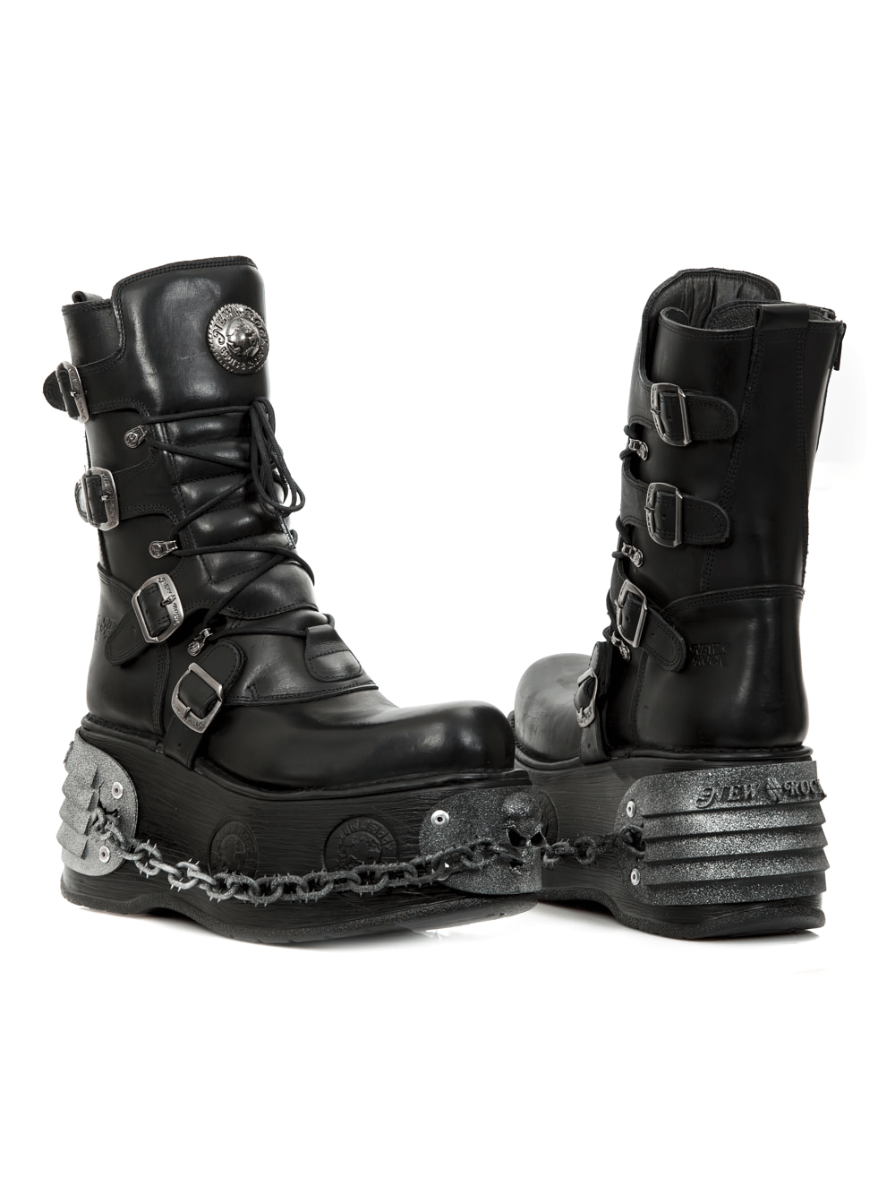 NEW ROCK Gothic platform boots with chains and buckles, featuring a striking 3D printed sole and punk rock design.