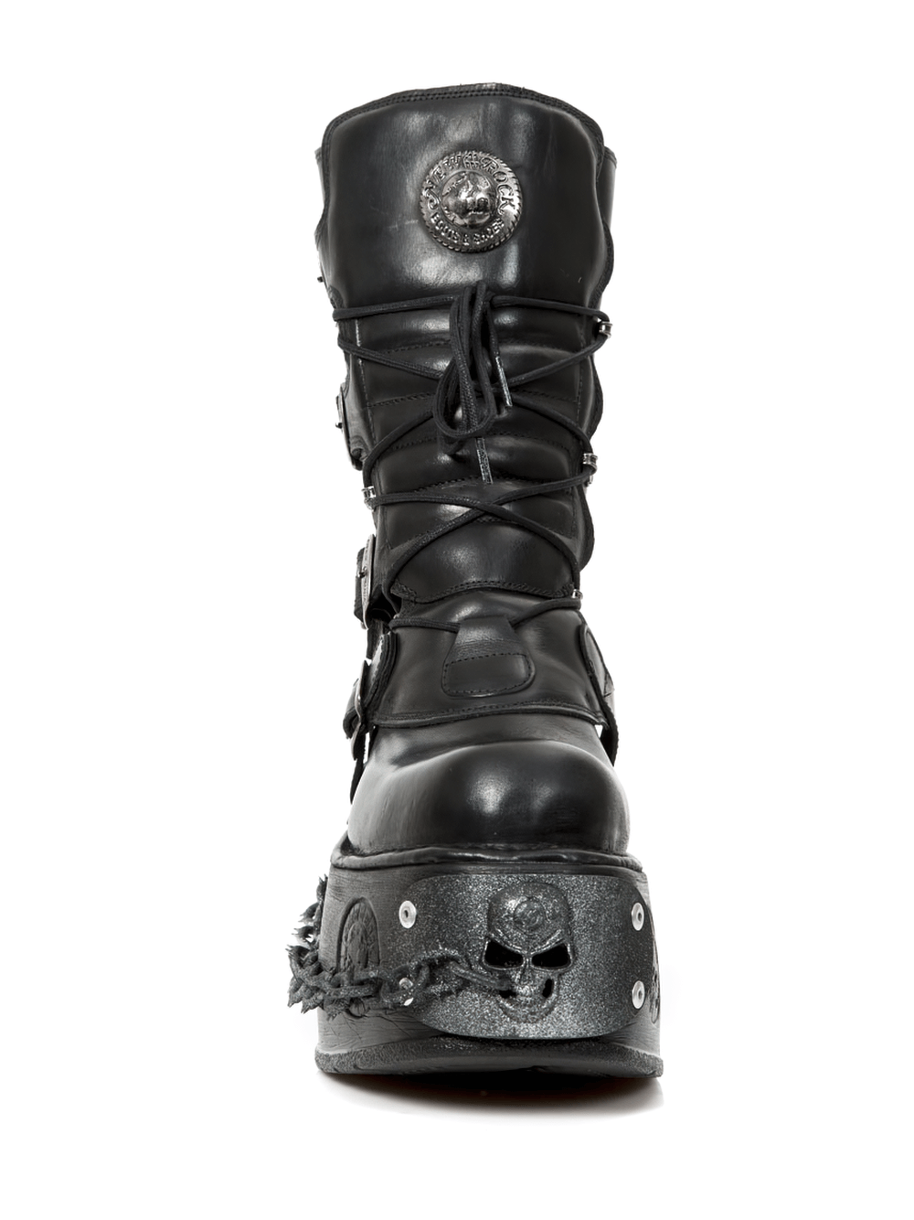 Gothic platform boots with chains and buckles, featuring a skull design and chunky 3D printed sole for a punk rock vibe.