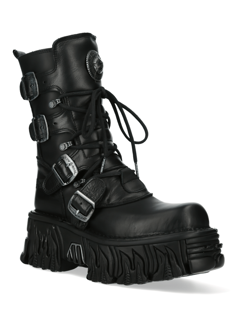 NEW ROCK men's gothic platform boots with multiple buckles and a dramatic chunky heel.