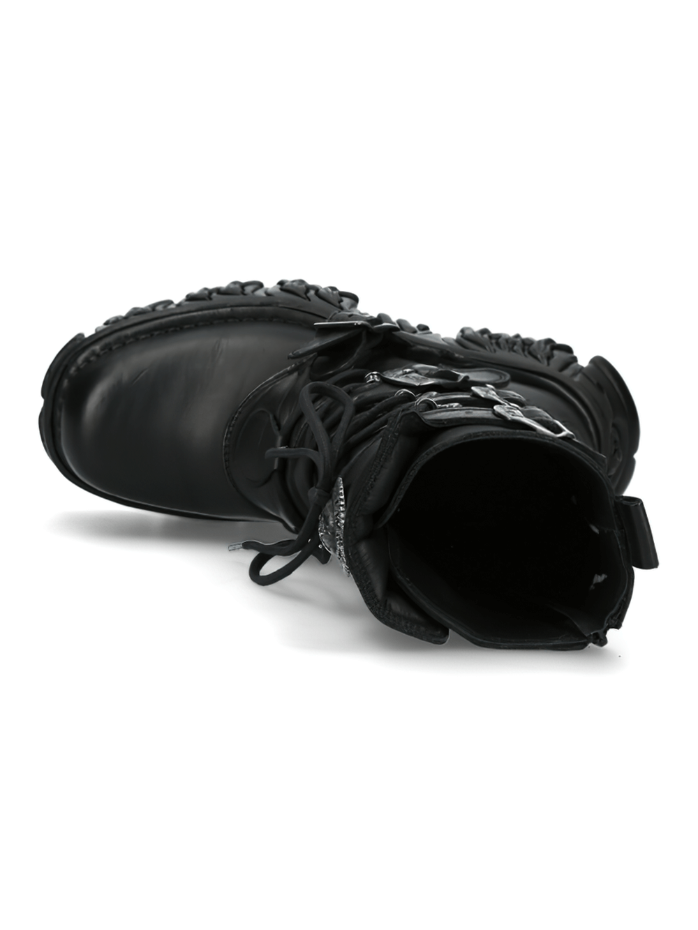 Gothic platform boot in black with multiple metallic buckles and intricate detailing, showcasing its edgy design.