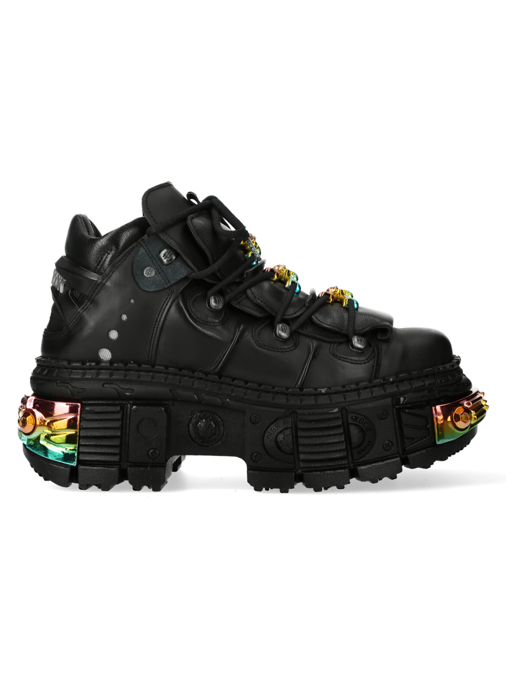 NEW ROCK Gothic Black Ankle Boots with Rainbow Metal Accents and Chunky Platform Design.
