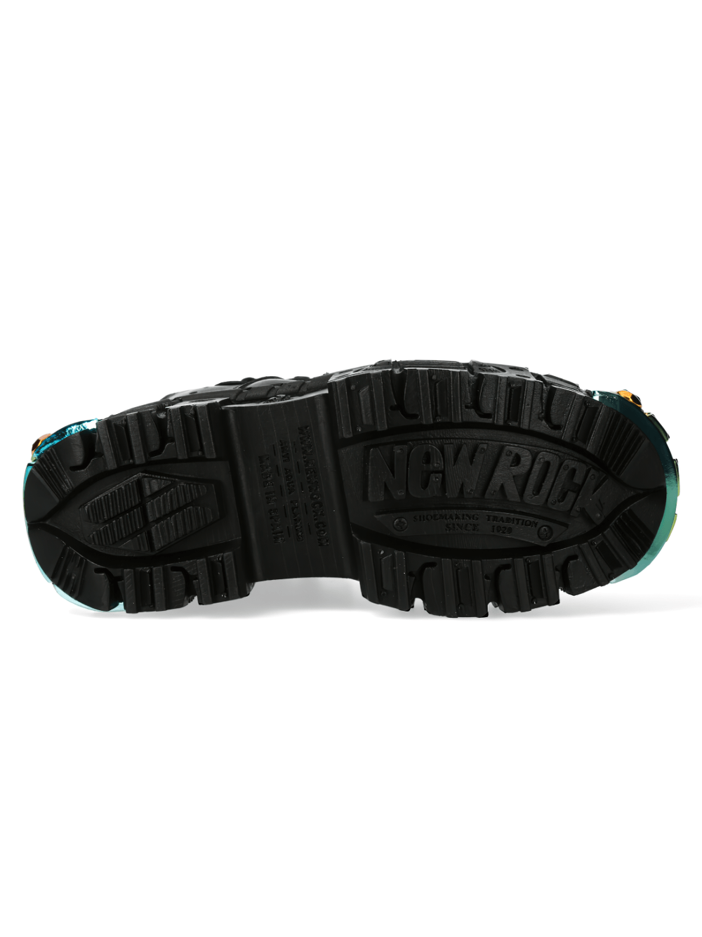 Bottom view of NEW ROCK Gothic Platform Boots showcasing unique tread and metal accent details.
