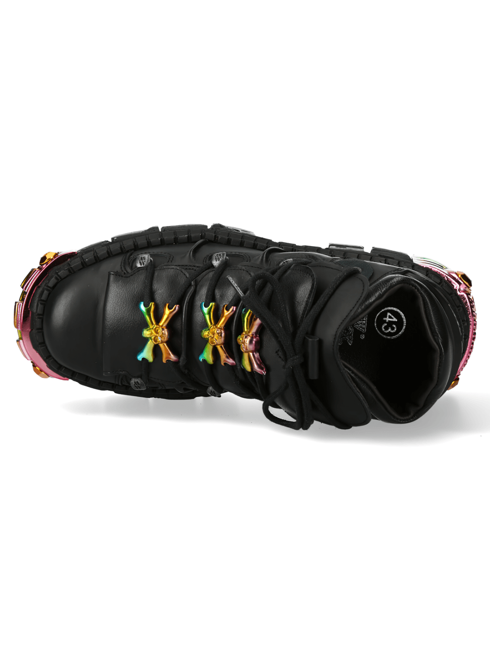 Top view of NEW ROCK Gothic Platform Boots with rainbow metallic laces and accents, showcasing edgy style.