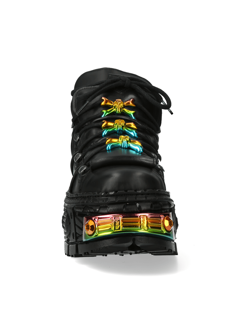 Black Gothic Platform Boot with Rainbow Metallic Laces and Accents for a bold, edgy look.