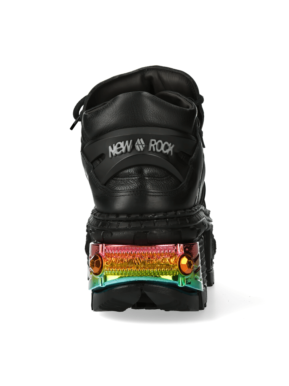 Back view of NEW ROCK black ankle boots with rainbow metallic platform accents.