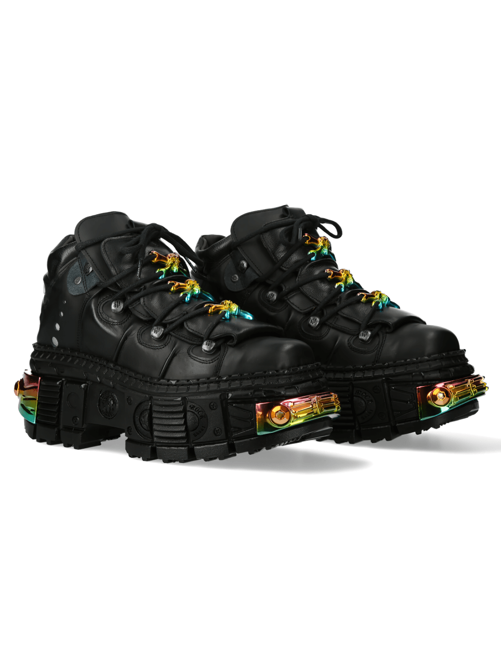 NEW ROCK black Gothic platform boots with rainbow metallic laces and unique detailing, perfect for edgy fashion lovers.