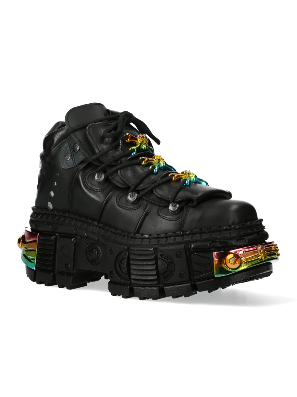 NEW ROCK Gothic Platform Boots with rainbow metallic accents and thick black sole, perfect for edgy styles.