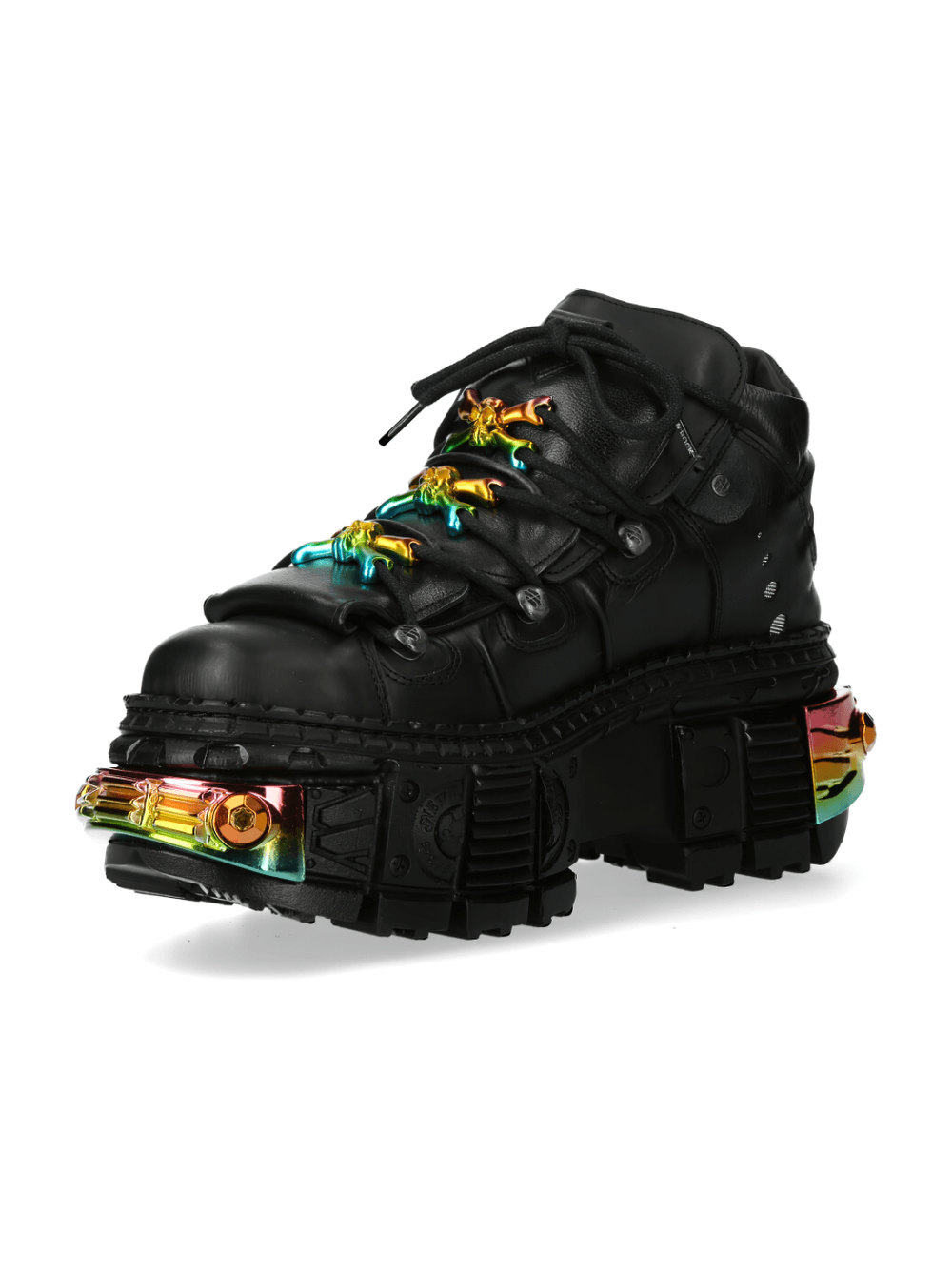NEW ROCK Gothic black ankle boots with rainbow metallic accents on laces and platform, perfect for edgy style.