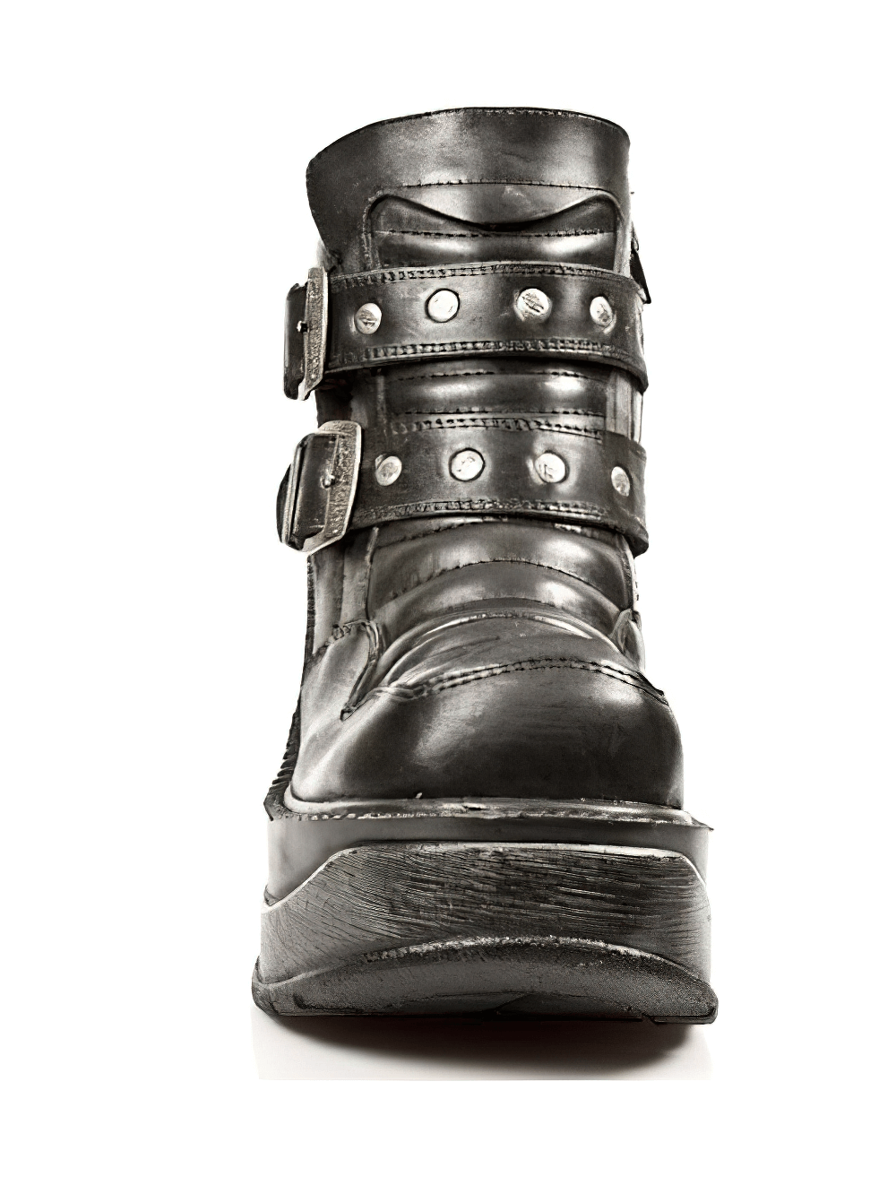 Gothic platform buckle boots with metal details in black leather, showcasing a daring punk style.