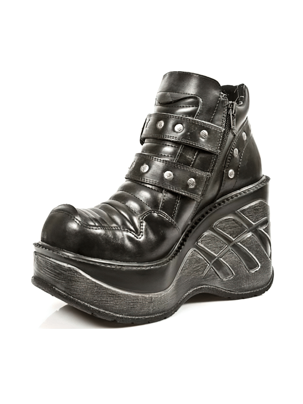 Gothic platform buckle boots in black leather with metal details and zipper design.