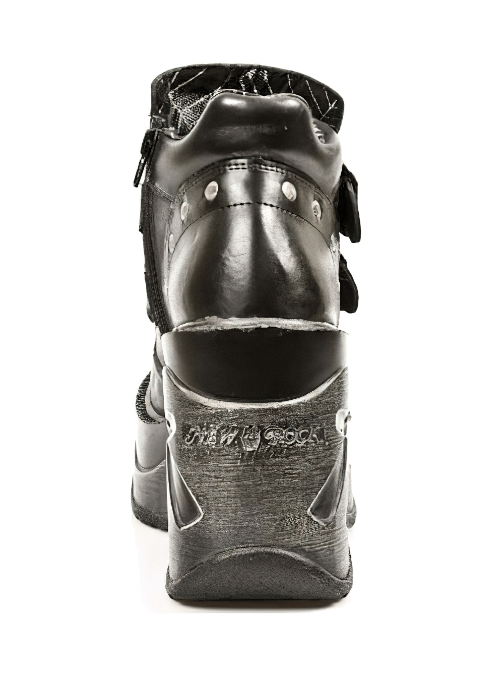 Back view of NEW ROCK Gothic Platform Buckle Boots showcasing leather, studs, and metallic details.