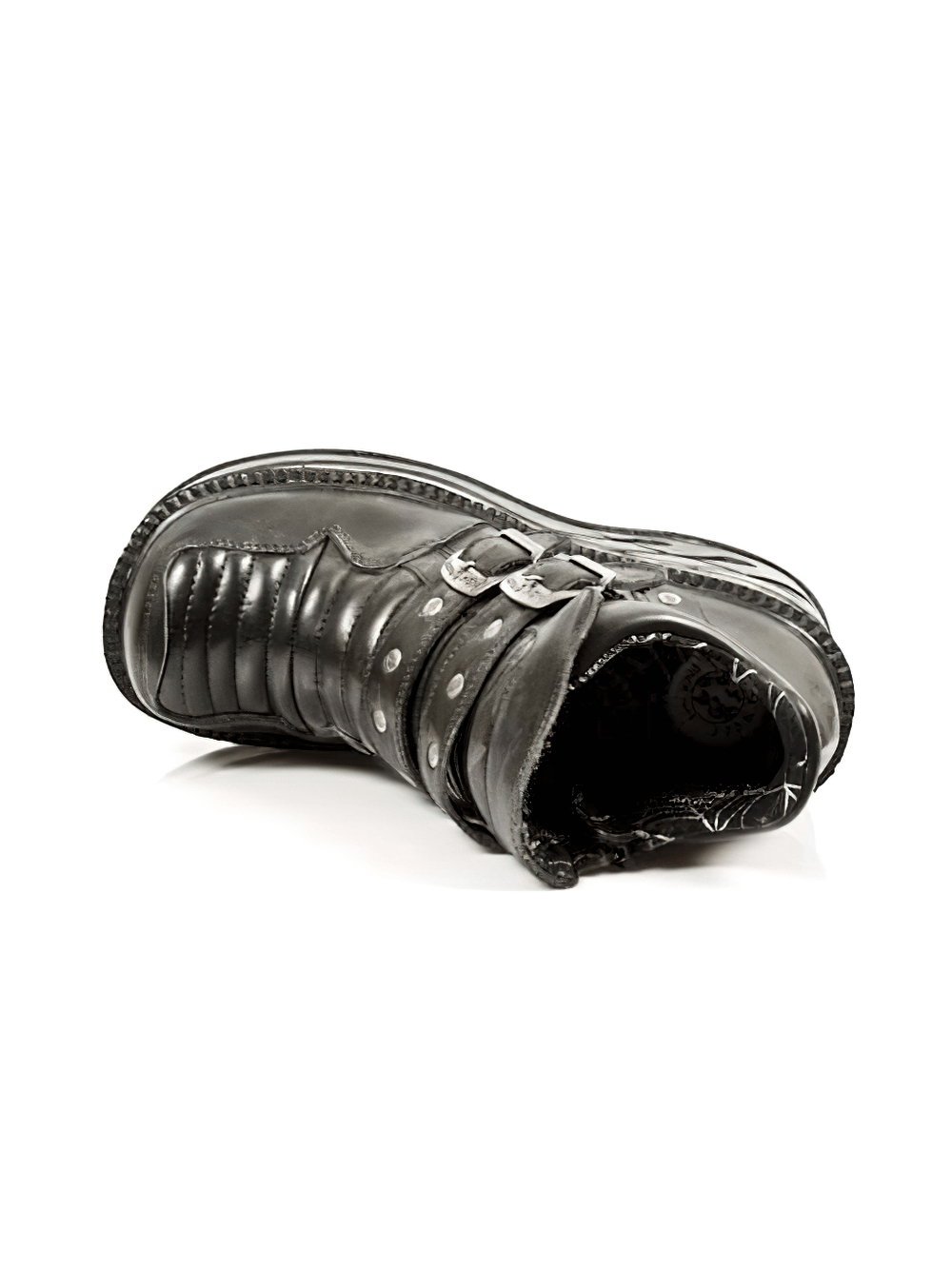 NEW ROCK Gothic black leather platform buckle boot with studs and zipper, perfect for edgy punk fashion.