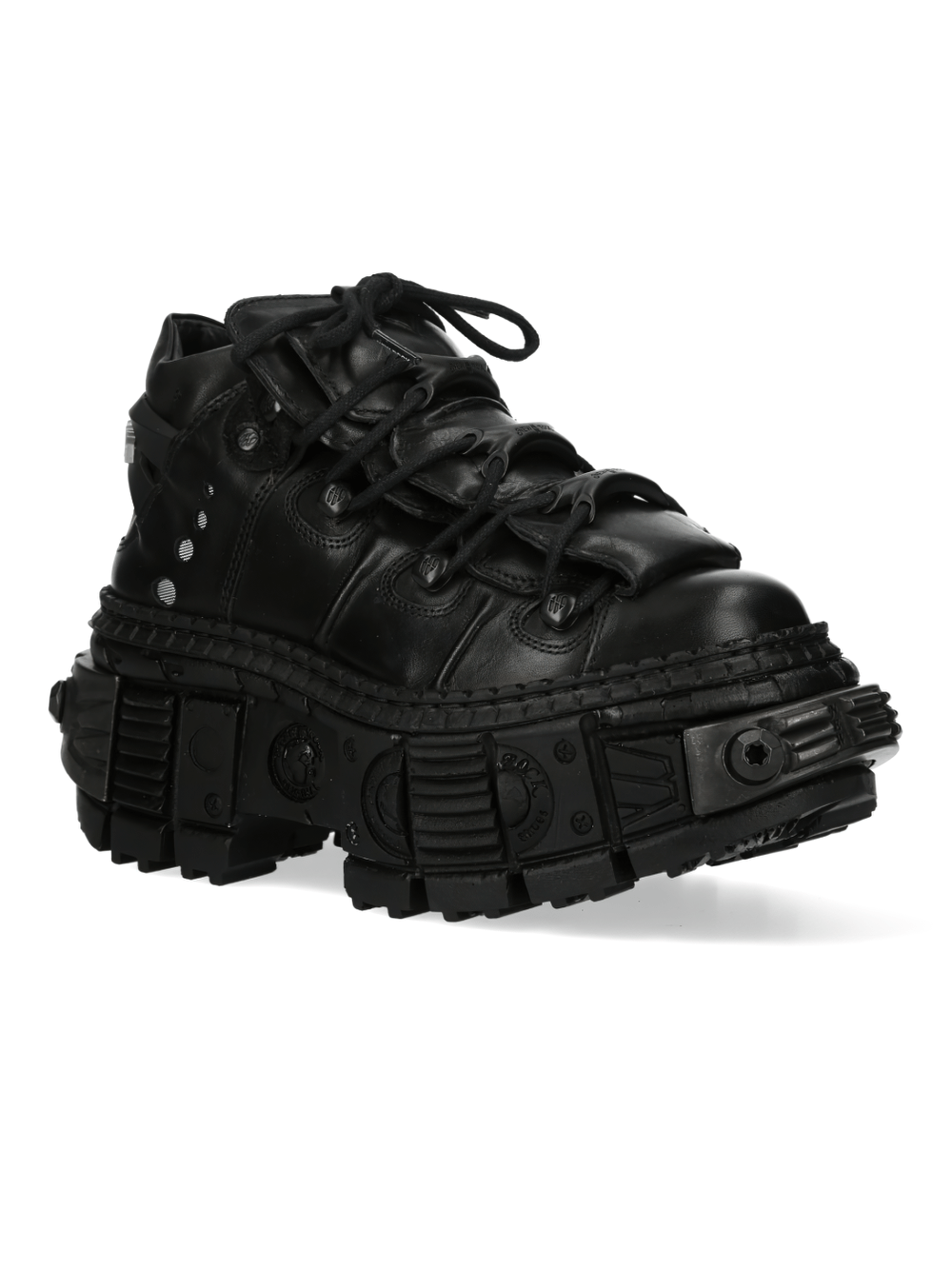 Black leather gothic platform lace-up boots with robust sole and unique hardware details, perfect for rock fashion.