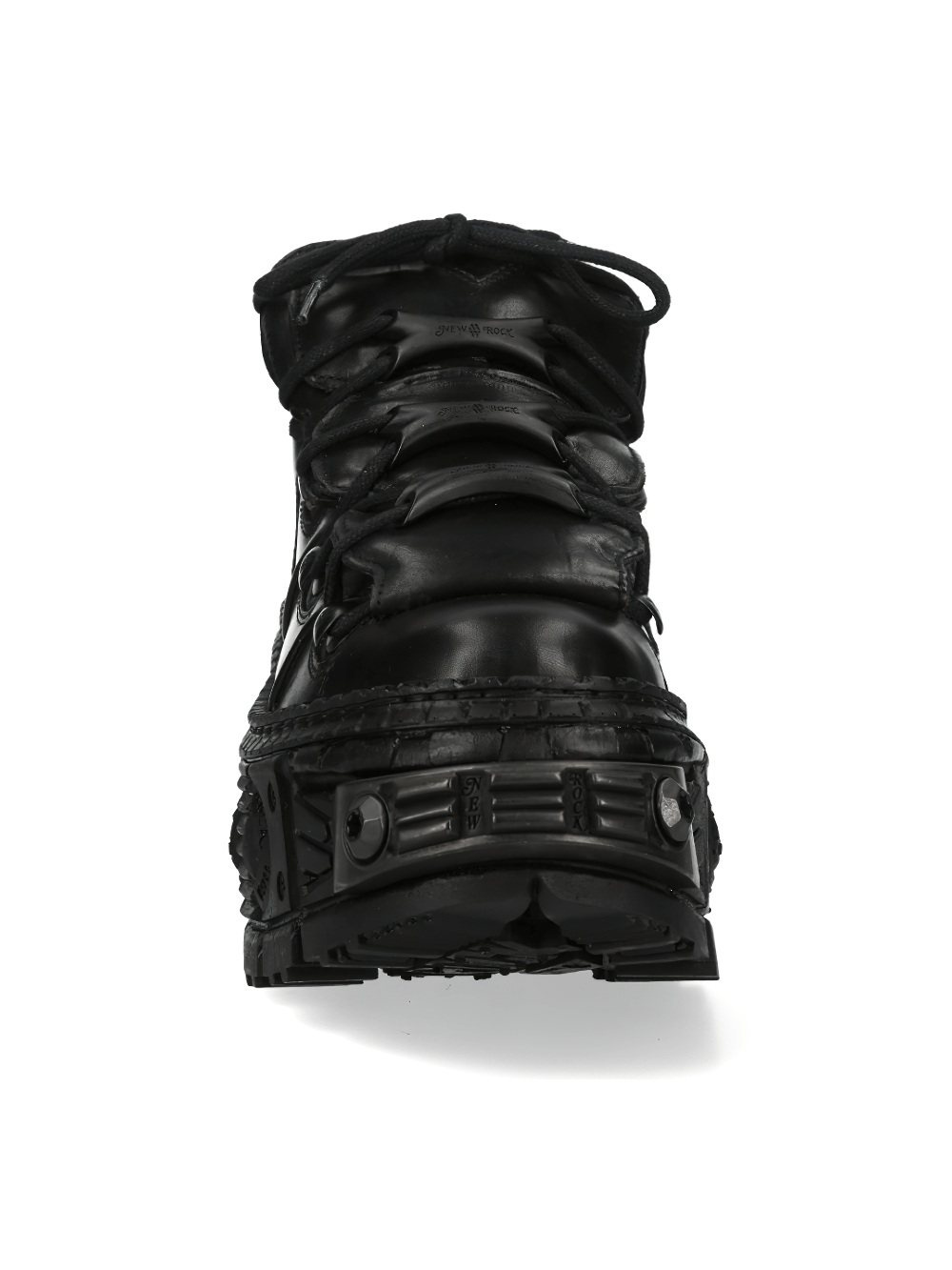 Front view of NEW ROCK Gothic Platform Lace-Up Boots showcasing dark leather and bold design for rock fashion.