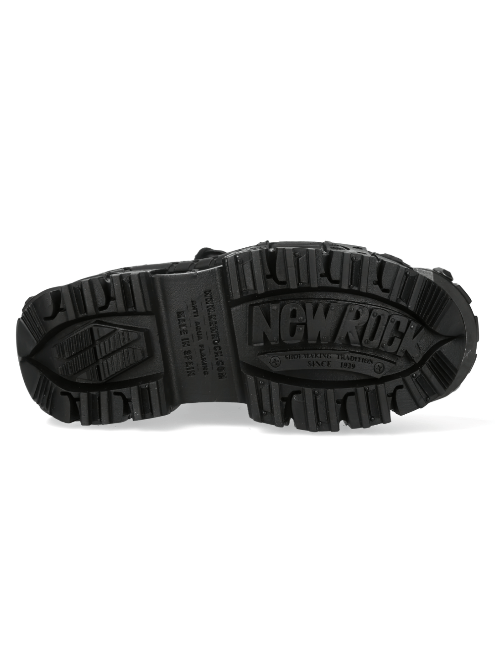 New Rock gothic platform boots showing the rugged outsole with bold branding, perfect for rock fashion enthusiasts.