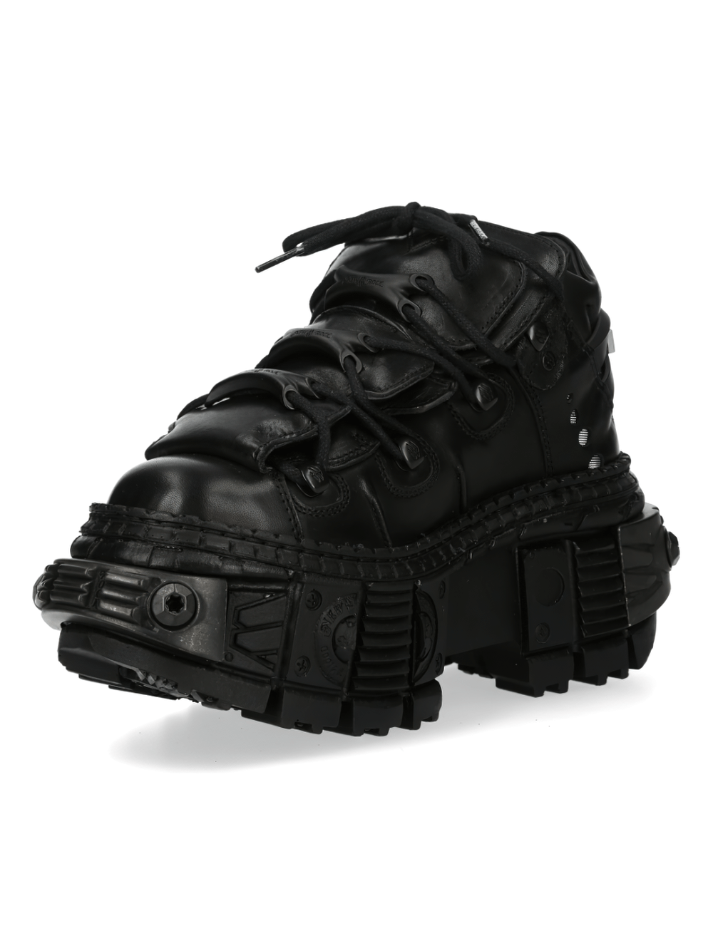 NEW ROCK Gothic Platform Lace-Up Boots in black leather with chunky soles and unique hardware accents.