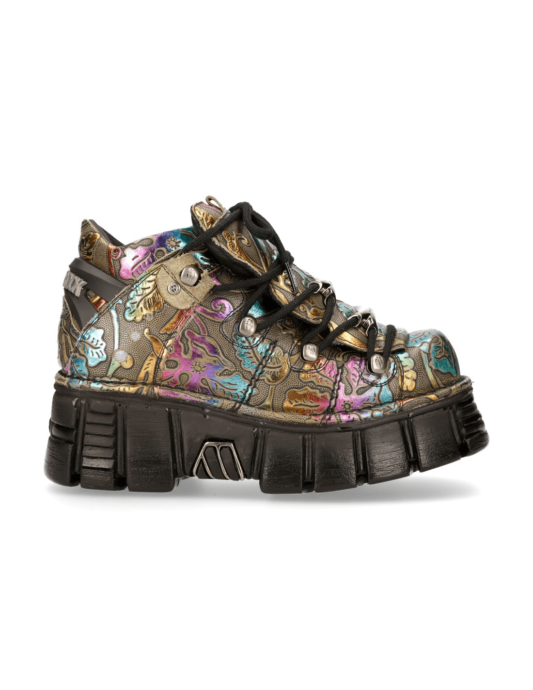 NEW ROCK Gothic platform sneakers with metallic floral design and chunky black sole, perfect for punk rock style.