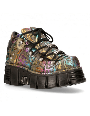 NEW ROCK Gothic platform sneakers with vibrant metallic floral design and chunky black sole for punk rock style.