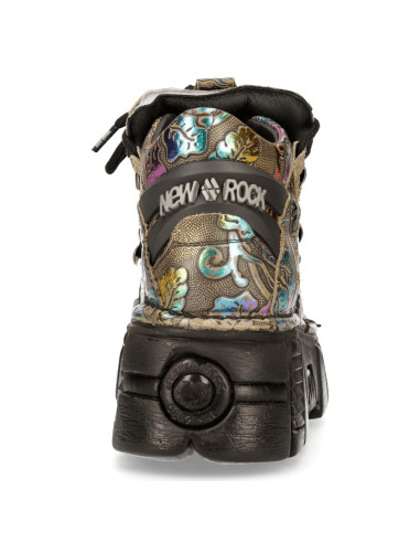 Back view of NEW ROCK Gothic platform sneakers showcasing metallic floral design and chunky black sole.