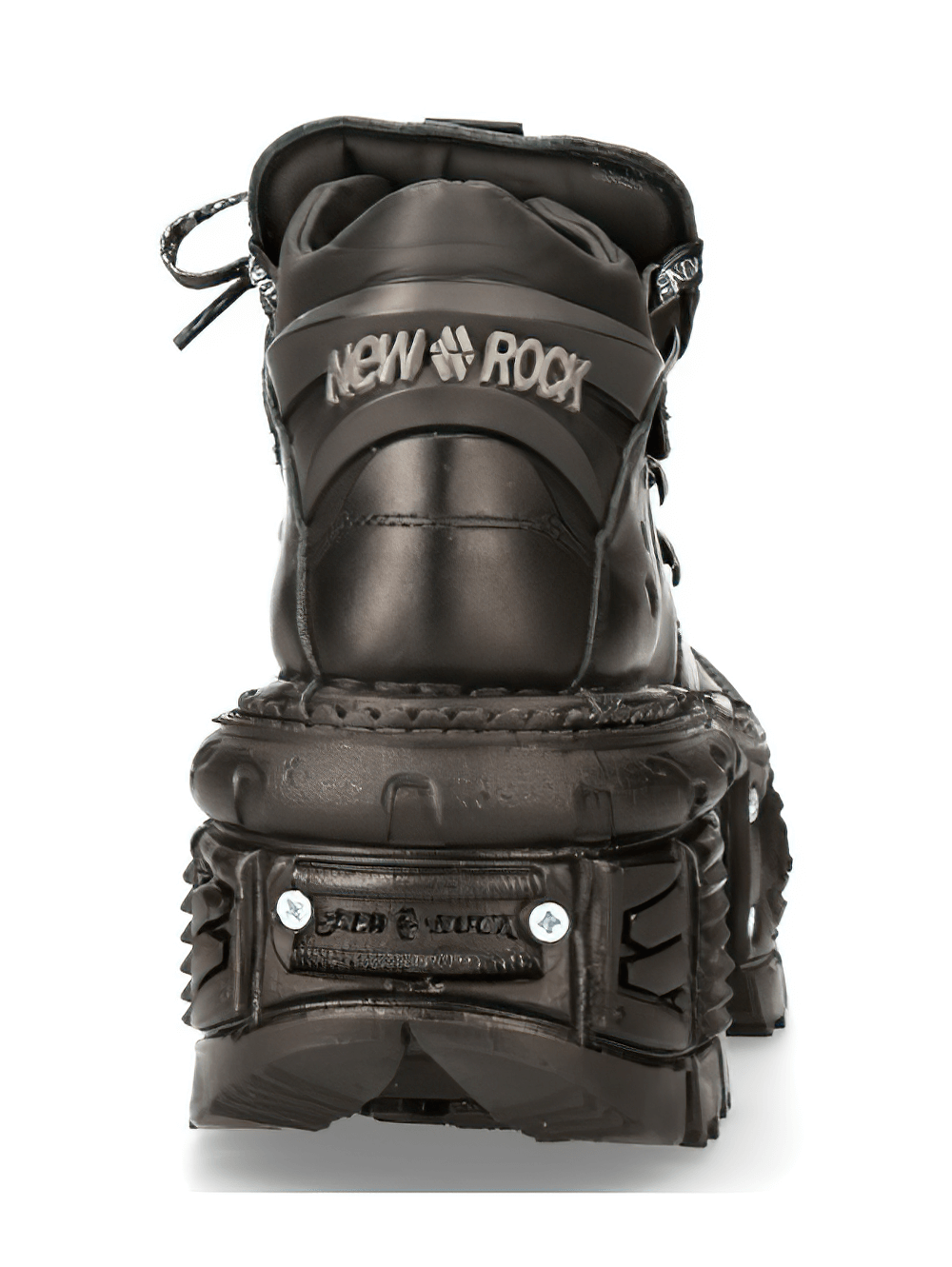 Back view of NEW ROCK Gothic Punk Ankle Boots with laces, featuring a PU-Ultra platform sole and stitched details.