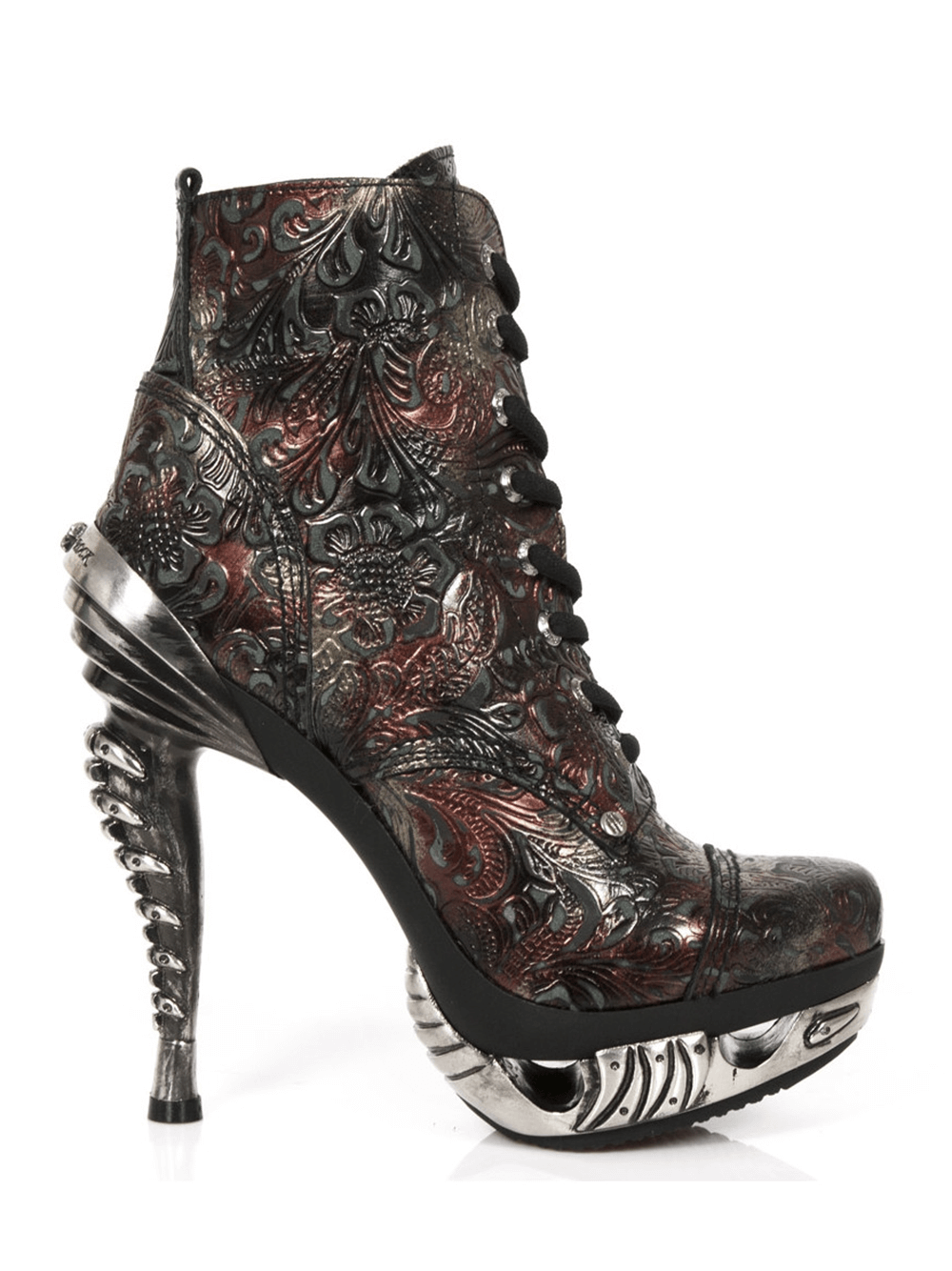 NEW ROCK Gothic Punk ankle boots with metal stiletto heels, featuring intricate embossed patterns and lace-up closure.