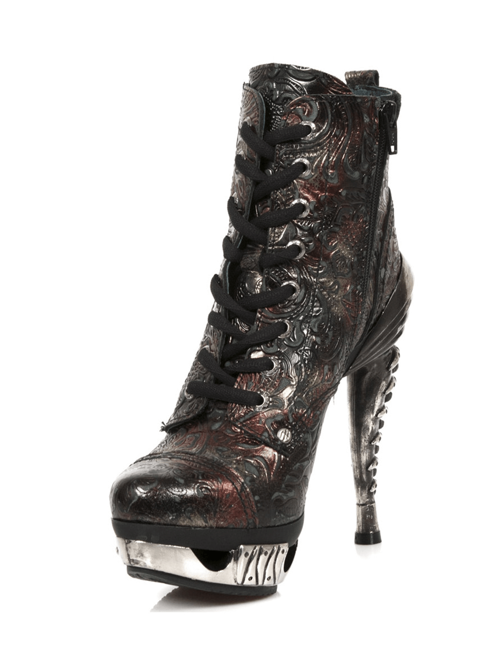 NEW ROCK Gothic Punk ankle boots with metallic stiletto heels and embossed patterns for edgy style.