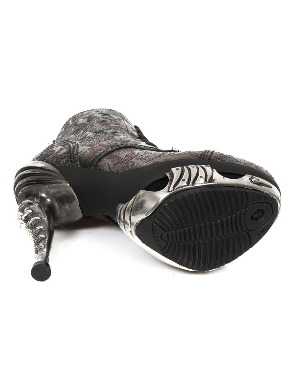 Gothic punk ankle boot with embossed pattern and metallic stiletto heel, showcasing edgy urban style.