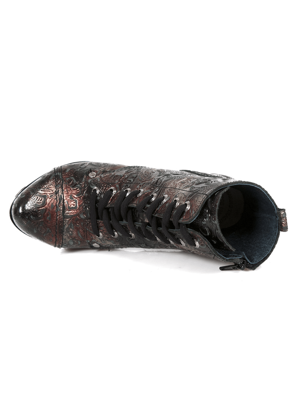 Top view of NEW ROCK Gothic Punk ankle boots with lace-up design and metallic embossed patterns.