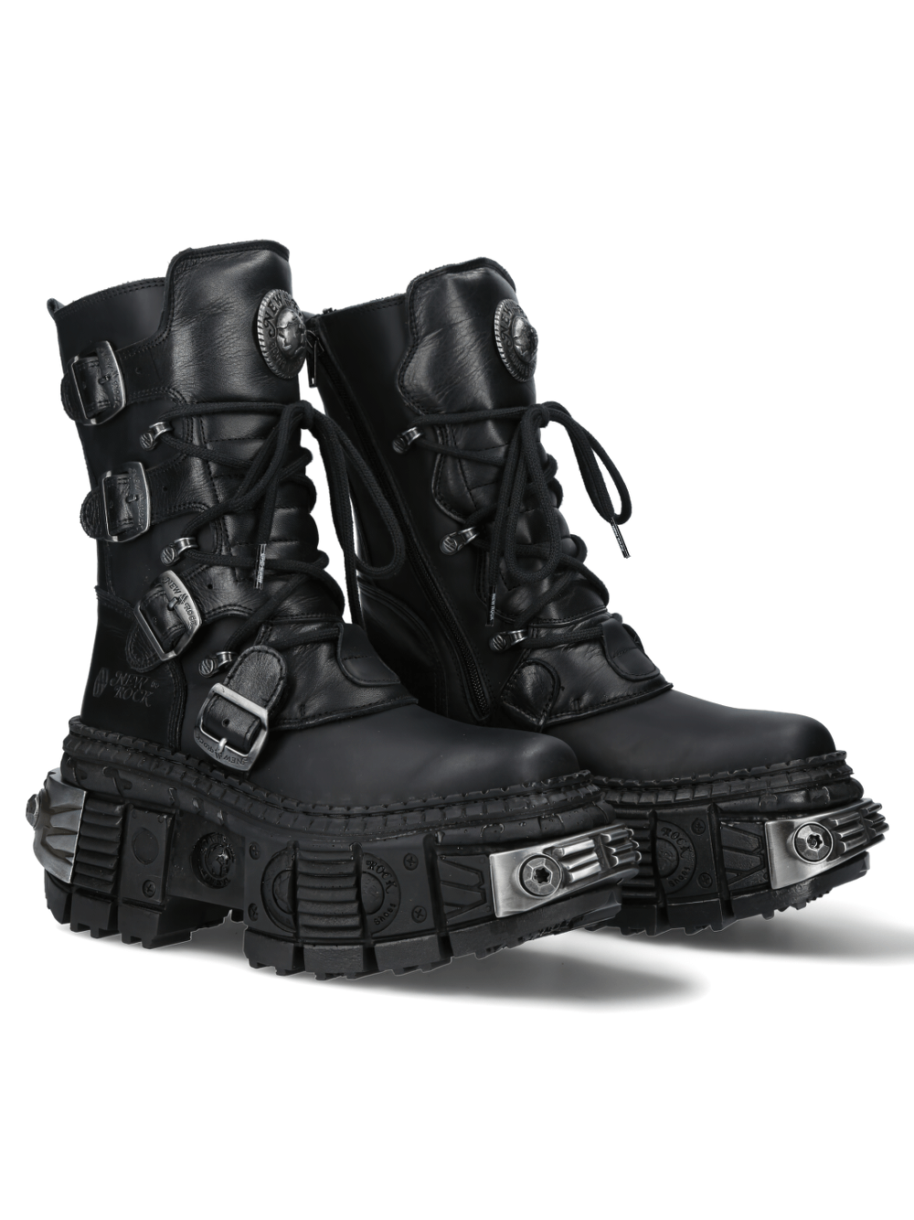 Heavy-duty Gothic punk ankle boots with metallic accents, showcasing a unique military-inspired design.