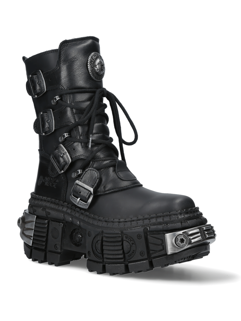 NEW ROCK Gothic Punk Ankle Boots featuring metallic accents, heavy-duty design, and unique military style.